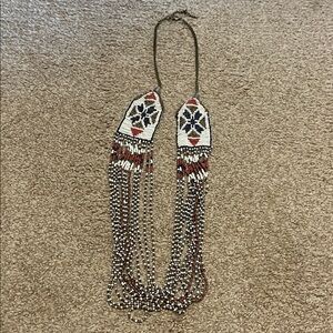 Artisan Beaded Necklace with Black, White, and Red Accents